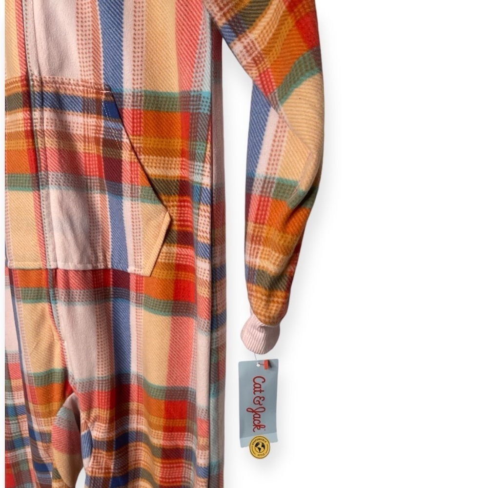 CAT & JACK Girl's Pajamas Fleece Hooded plaid One Piece - Picture 3 of 4